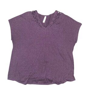 Purple Cotton Womens Lattice V-Neck Top Size L By Zena Waller